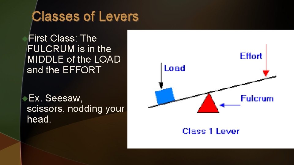 Classes of Levers u. First Class: The FULCRUM is in the MIDDLE of the