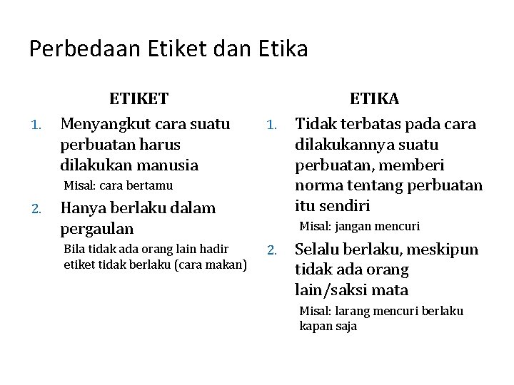 Perbedaan Etiket dan Etika 1. ETIKET Menyangkut cara suatu perbuatan harus dilakukan manusia 1.