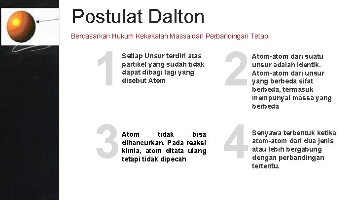Postulat Dalton Berdasarkan Hukum Kekekalan Massa dan Perbandingan Tetap 1 3 Setiap Unsur terdiri