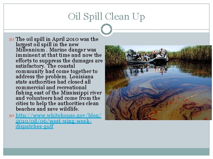Oil Spill Clean Up The oil spill in April 2010 was the largest oil
