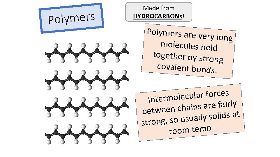 Polymers Made from HYDROCARBONs! Polymers are ve ry long molecules held together by stro