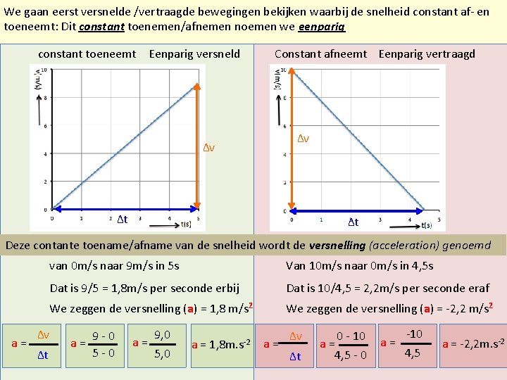 We gaan eerst versnelde /vertraagde bewegingen bekijken waarbij de snelheid constant af- en toeneemt: