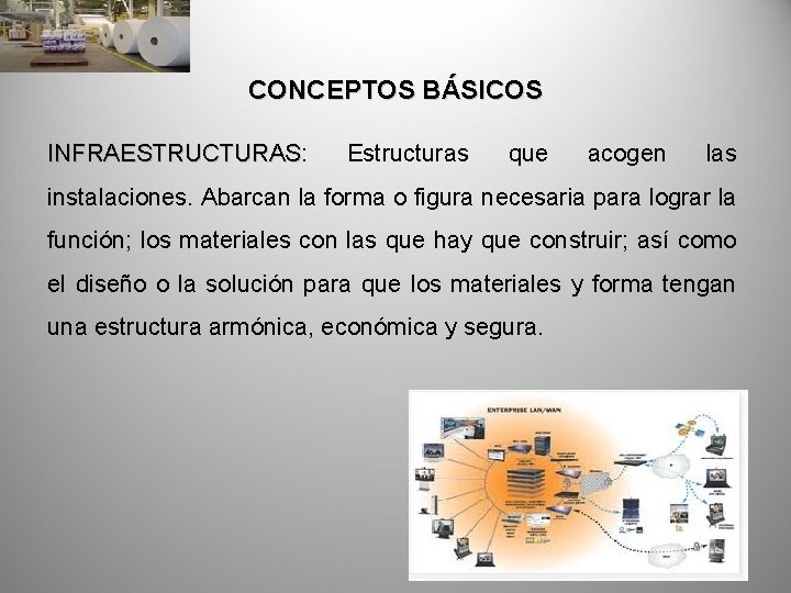 CONCEPTOS BÁSICOS INFRAESTRUCTURAS: INFRAESTRUCTURAS Estructuras que acogen las instalaciones. Abarcan la forma o figura