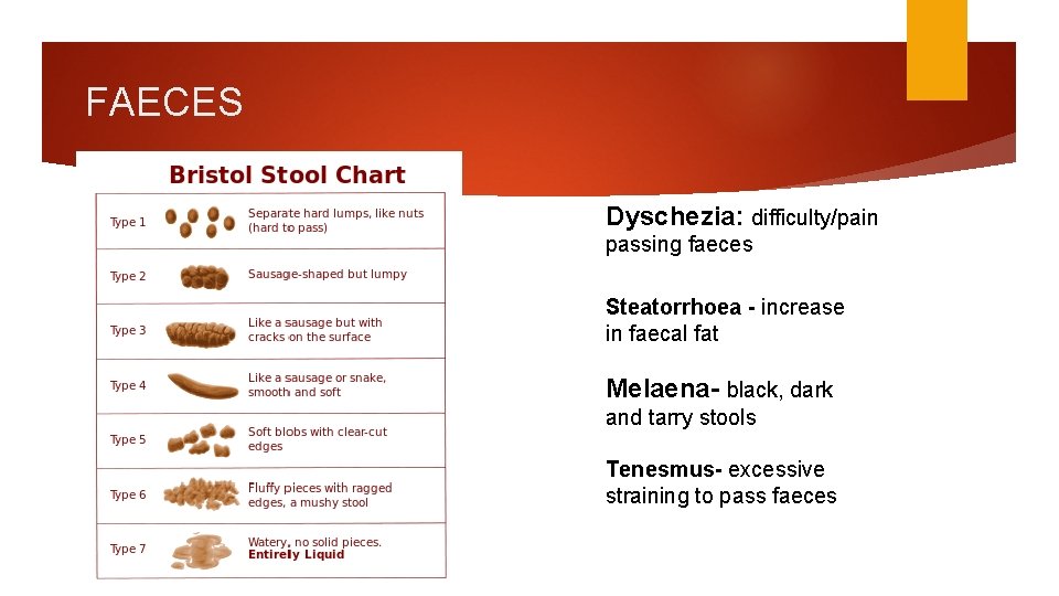 FAECES Dyschezia: difficulty/pain passing faeces Steatorrhoea - increase in faecal fat Melaena- black, dark