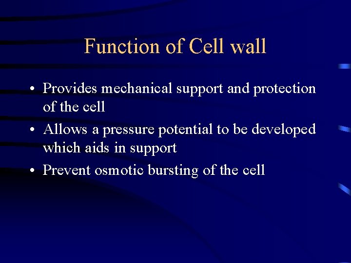 Function of Cell wall • Provides mechanical support and protection of the cell •