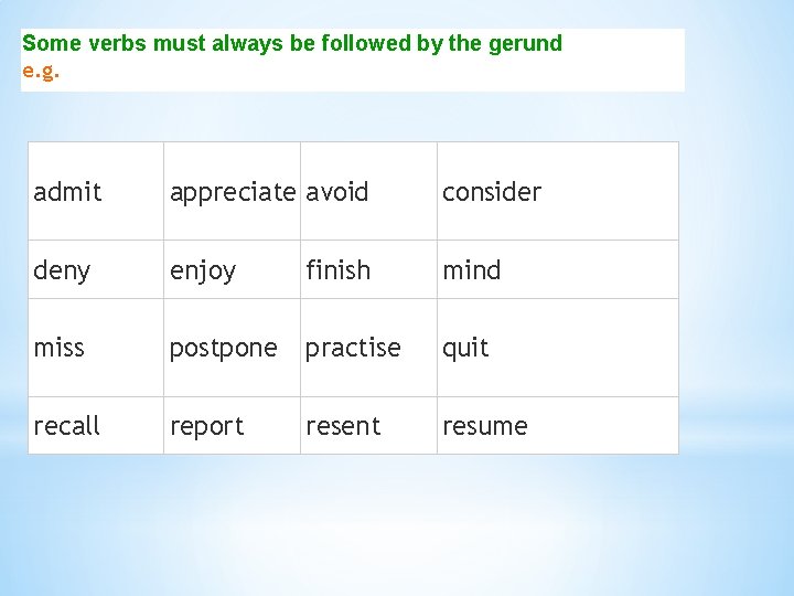 Some verbs must always be followed by the gerund e. g. admit appreciate avoid