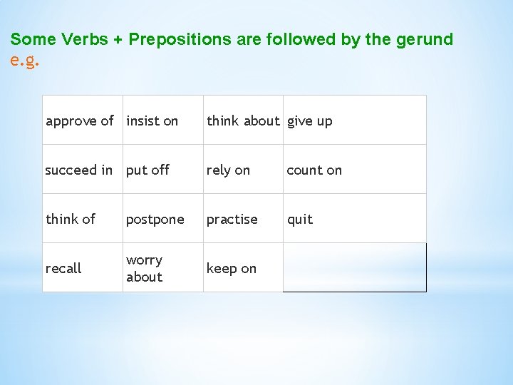 Some Verbs + Prepositions are followed by the gerund e. g. approve of insist