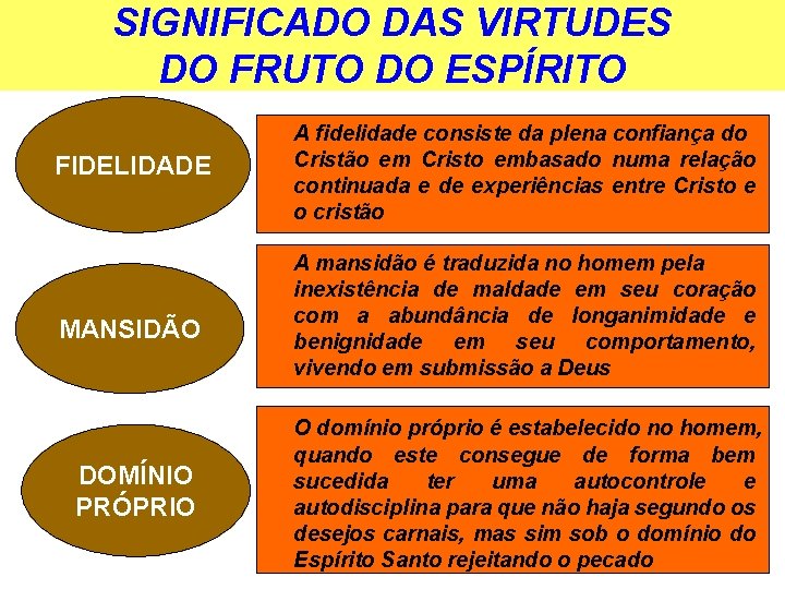 SIGNIFICADO DAS VIRTUDES DO FRUTO DO ESPÍRITO FIDELIDADE MANSIDÃO DOMÍNIO PRÓPRIO A fidelidade consiste