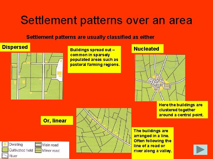 Settlement patterns over an area Settlement patterns are usually classified as either Dispersed Buildings