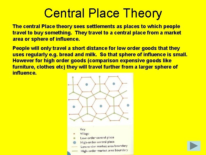 Central Place Theory The central Place theory sees settlements as places to which people
