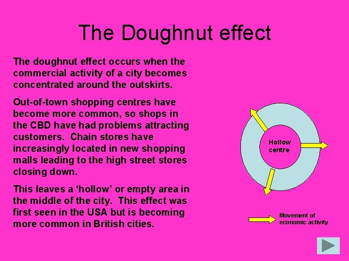 The Doughnut effect The doughnut effect occurs when the commercial activity of a city