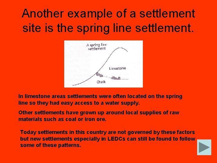 Another example of a settlement site is the spring line settlement. In limestone areas