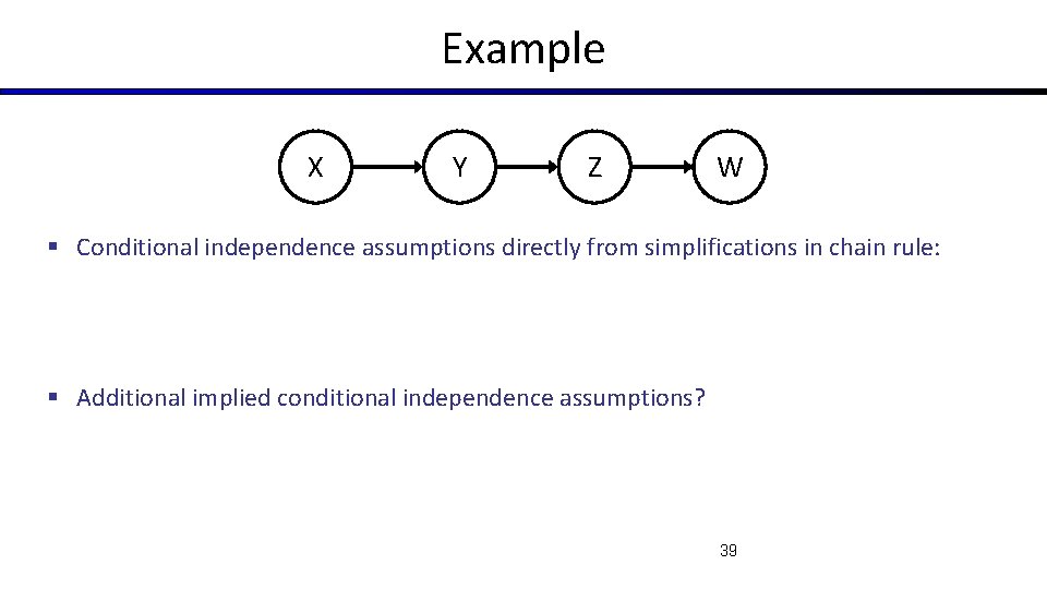 Example X Y Z W § Conditional independence assumptions directly from simplifications in chain