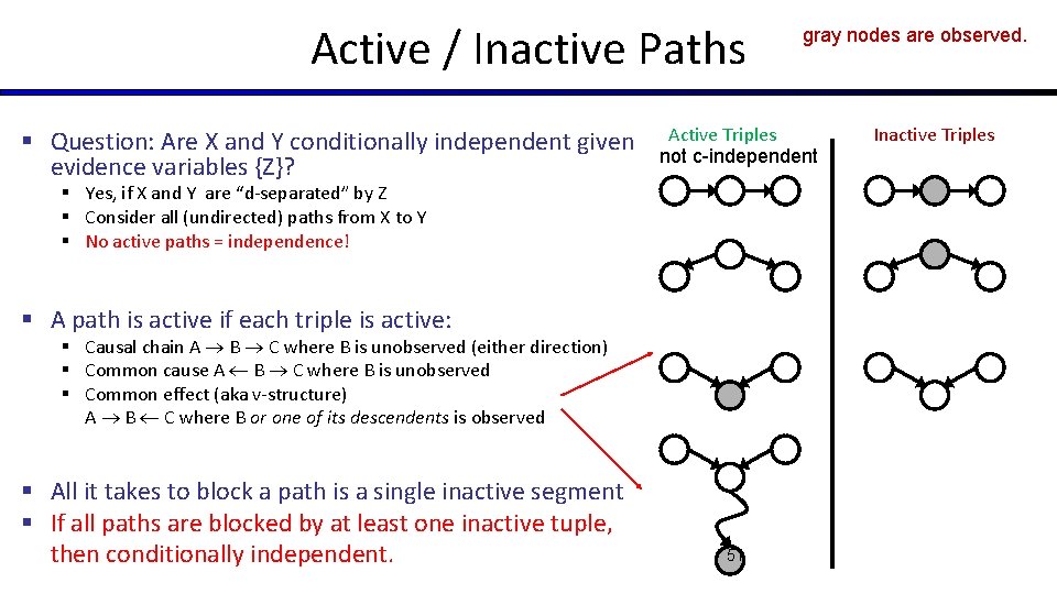 Active / Inactive Paths § Question: Are X and Y conditionally independent given evidence