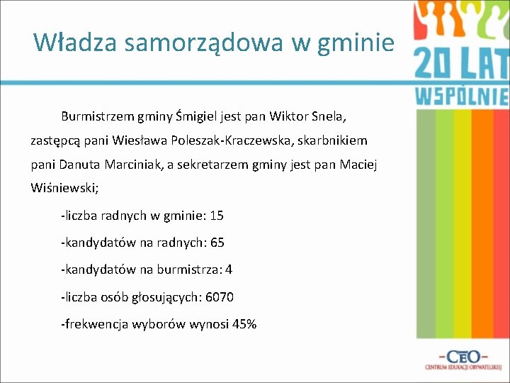 Władza samorządowa w gminie Burmistrzem gminy Śmigiel jest pan Wiktor Snela, zastępcą pani Wiesława