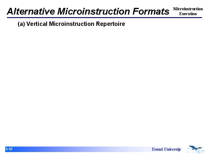 Alternative Microinstruction Formats Microinstruction Execution (a) Vertical Microinstruction Repertoire 15 -57 Yonsei University 