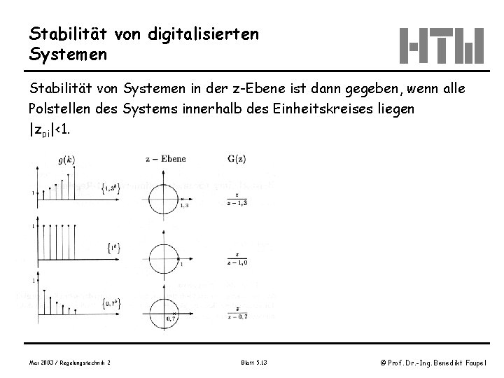 Stabilität von digitalisierten Systemen Stabilität von Systemen in der z-Ebene ist dann gegeben, wenn