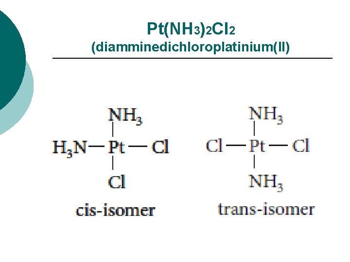 Pt(NH 3)2 Cl 2 (diamminedichloroplatinium(II) 