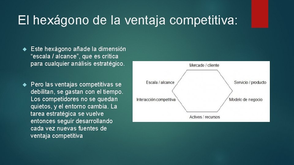 El hexágono de la ventaja competitiva: Este hexágono añade la dimensión “escala / alcance”,