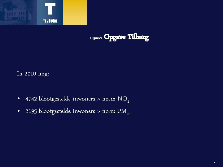 Urgentie: Opgave Tilburg In 2010 nog: • 4742 blootgestelde inwoners > norm NO 2