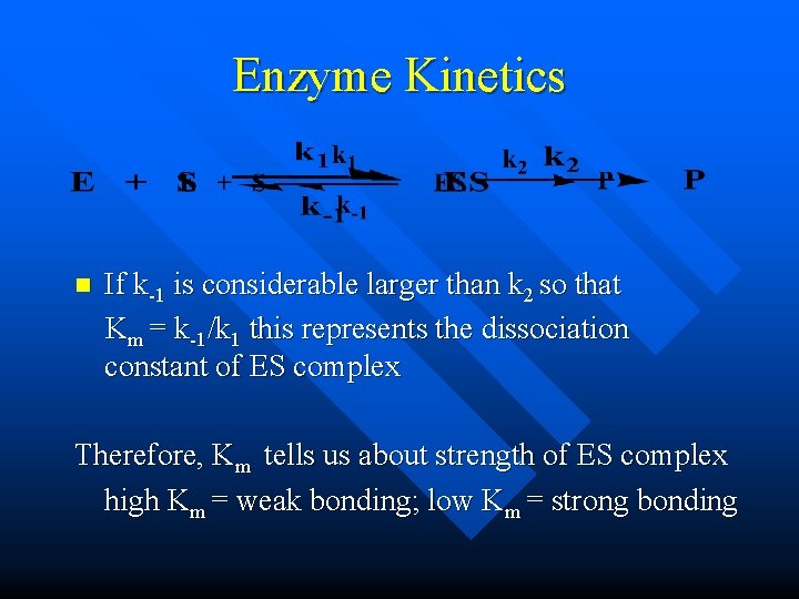 Enzyme Kinetics n If k-1 is considerable larger than k 2 so that Km