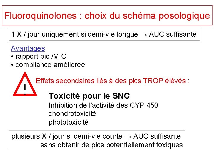 Fluoroquinolones : choix du schéma posologique 1 X / jour uniquement si demi-vie longue