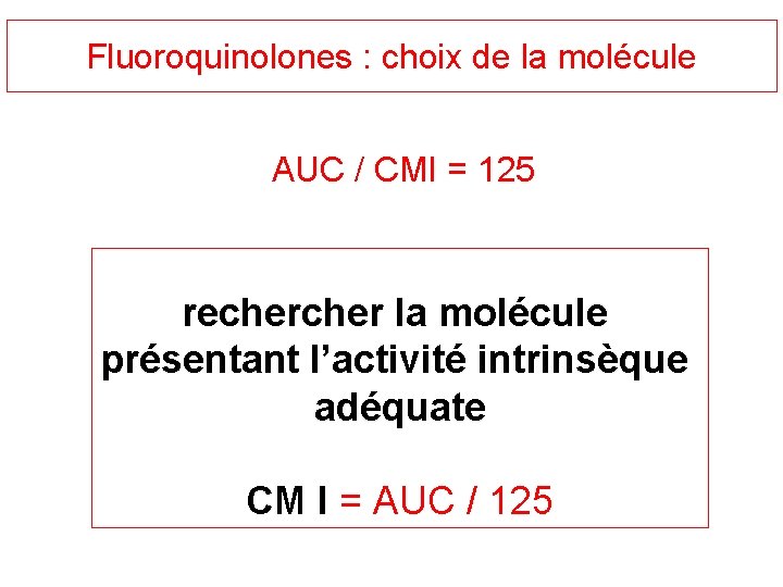 Fluoroquinolones : choix de la molécule AUC / CMI = 125 recher la molécule