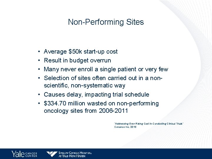 Non-Performing Sites • • Average $50 k start-up cost Result in budget overrun Many