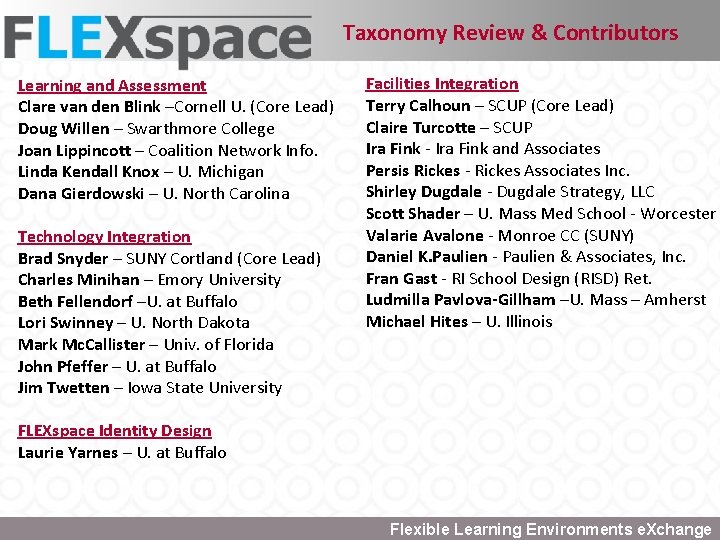 Taxonomy Review & Contributors Learning and Assessment Clare van den Blink –Cornell U. (Core
