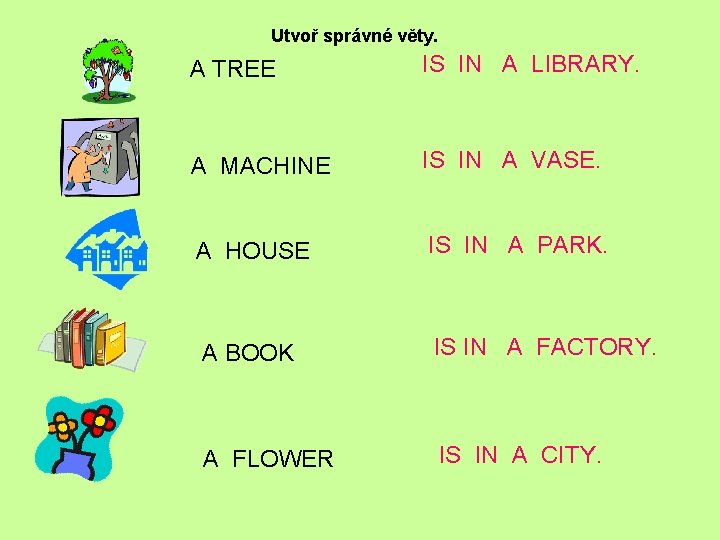 Utvoř správné věty. A TREE IS IN A LIBRARY. A MACHINE IS IN A