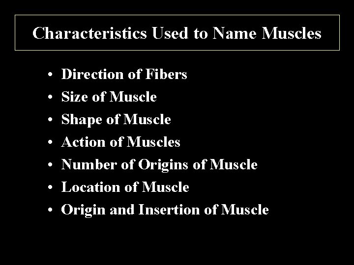Characteristics Used to Name Muscles • • Direction of Fibers Size of Muscle Shape