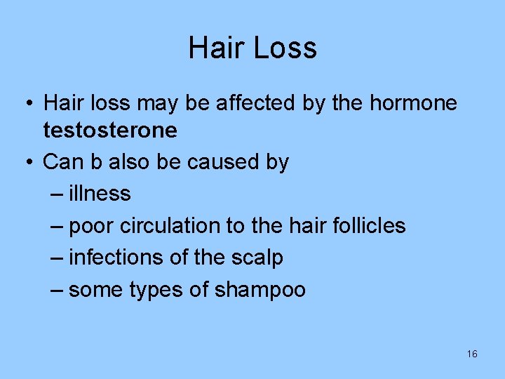 Hair Loss • Hair loss may be affected by the hormone testosterone • Can