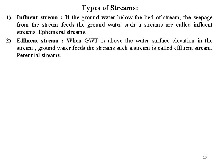 Types of Streams: 1) Influent stream : If the ground water below the bed