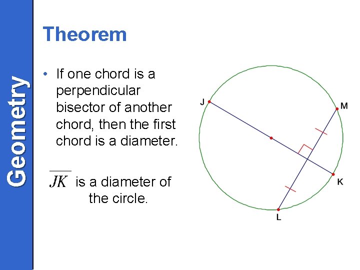 Geometry Theorem • If one chord is a perpendicular bisector of another chord, then