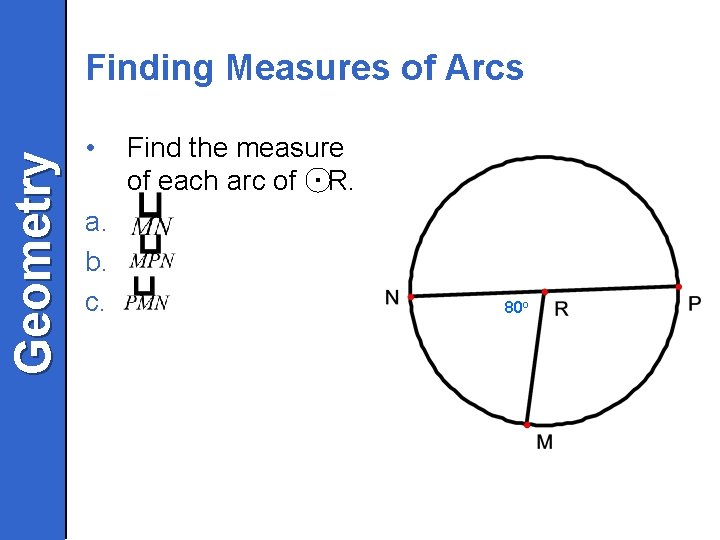 Geometry Finding Measures of Arcs • a. b. c. Find the measure of each