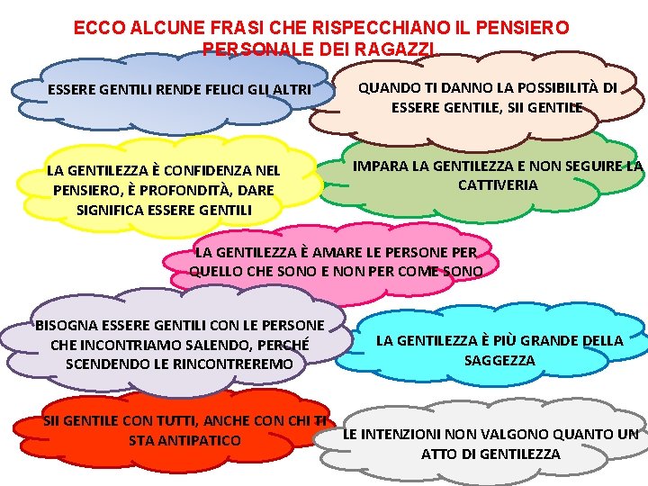 ECCO ALCUNE FRASI CHE RISPECCHIANO IL PENSIERO PERSONALE DEI RAGAZZI. ESSERE GENTILI RENDE FELICI