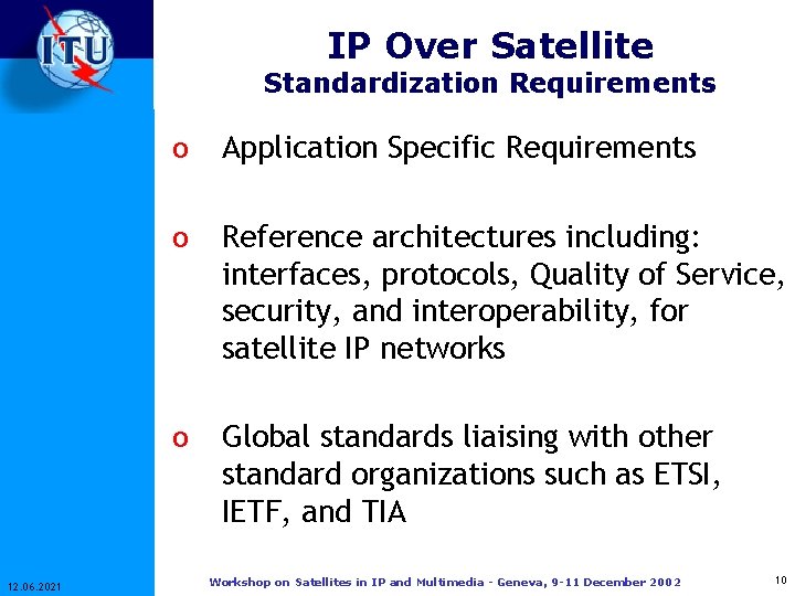 IP Over Satellite Standardization Requirements 12. 06. 2021 o Application Specific Requirements o Reference