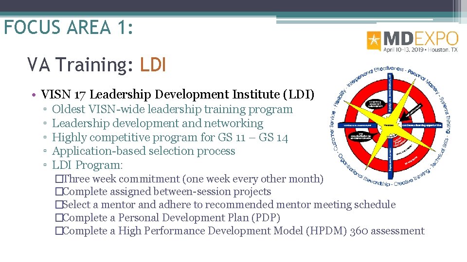 FOCUS AREA 1: VA Training: LDI • VISN 17 Leadership Development Institute (LDI) ▫