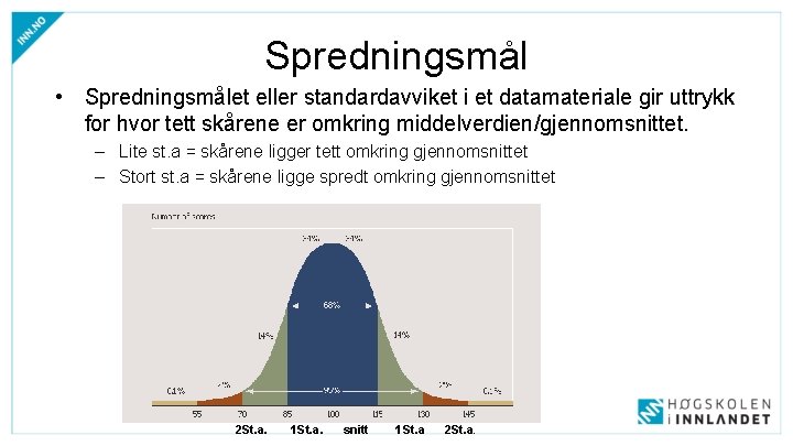 Spredningsmål • Spredningsmålet eller standardavviket i et datamateriale gir uttrykk for hvor tett skårene