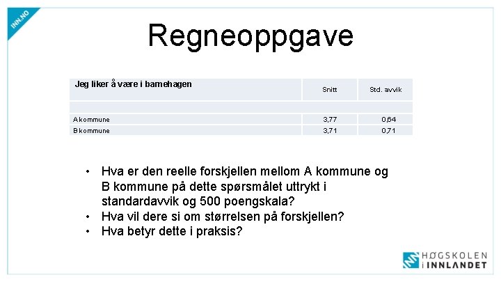 Regneoppgave Jeg liker å være i barnehagen Snitt Std. avvik A kommune 3, 77