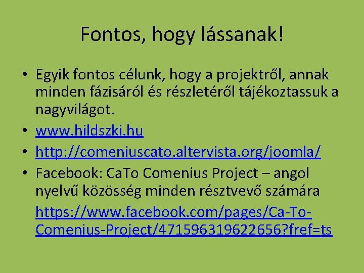 Fontos, hogy lássanak! • Egyik fontos célunk, hogy a projektről, annak minden fázisáról és