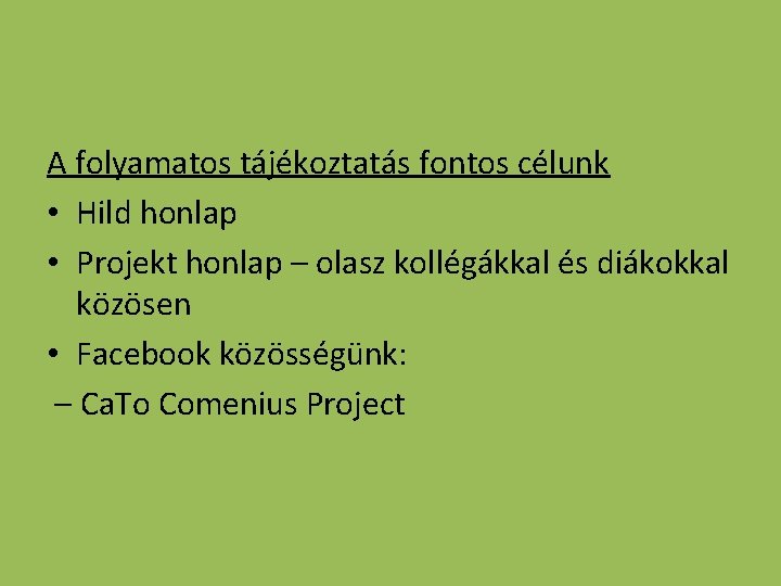 A folyamatos tájékoztatás fontos célunk • Hild honlap • Projekt honlap – olasz kollégákkal