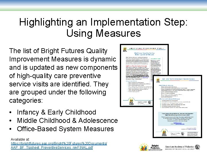 Highlighting an Implementation Step: Using Measures The list of Bright Futures Quality Improvement Measures