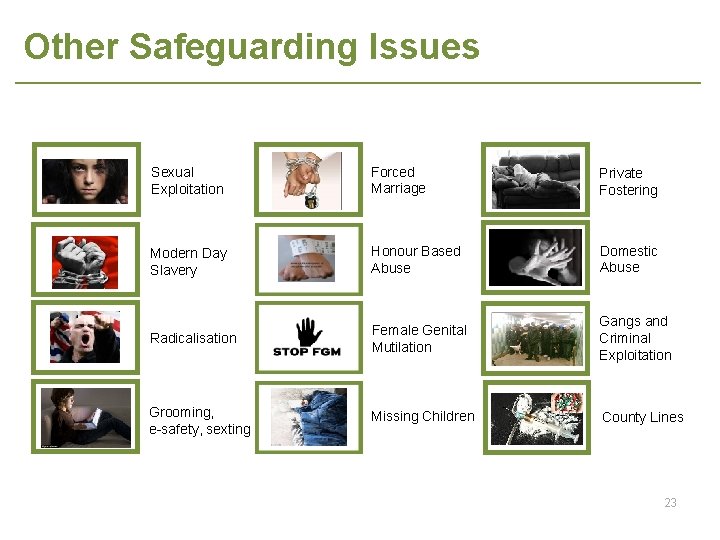 Other Safeguarding Issues Sexual Exploitation Forced Marriage Private Fostering Modern Day Slavery Honour Based