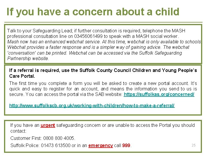 If you have a concern about a child Talk to your Safeguarding Lead; if