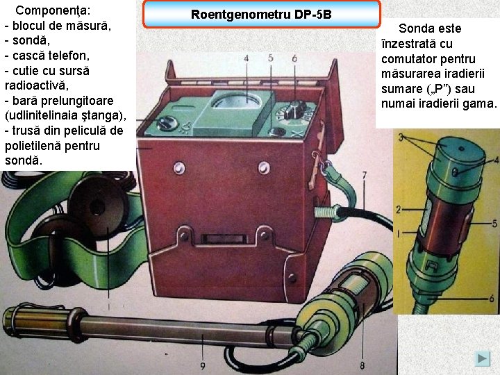 Componenţa: - blocul de măsură, - sondă, - cască telefon, - cutie cu sursă