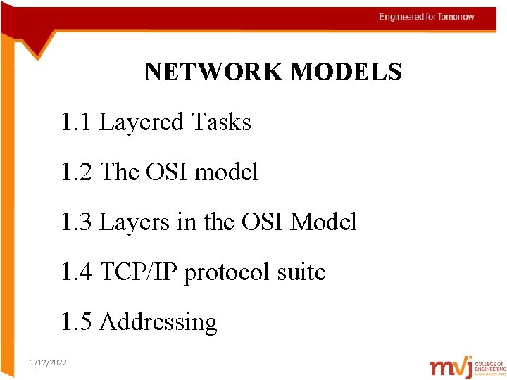 NETWORK MODELS 1. 1 Layered Tasks 1. 2 The OSI model 1. 3 Layers