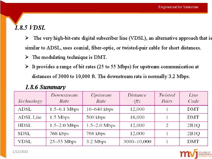 1. 8. 5 VDSL Ø The very high-bit-rate digital subscriber line (VDSL), an alternative