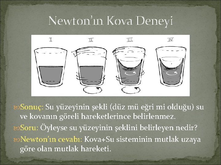 Newton’ın Kova Deneyi Sonuç: Su yüzeyinin şekli (düz mü eğri mi olduğu) su ve