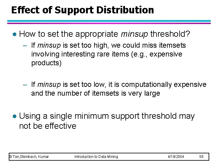 Effect of Support Distribution l How to set the appropriate minsup threshold? – If